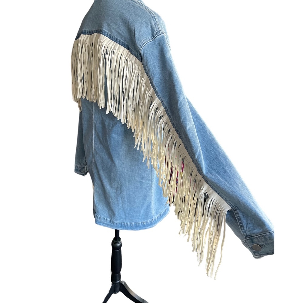 Long Sleeve Jean Jacket Button Down Dress With White Fringe women’s size Large